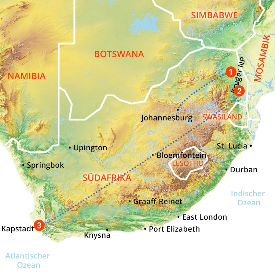 Landkarte Südafrika Fly In Safari plus Kapstadt