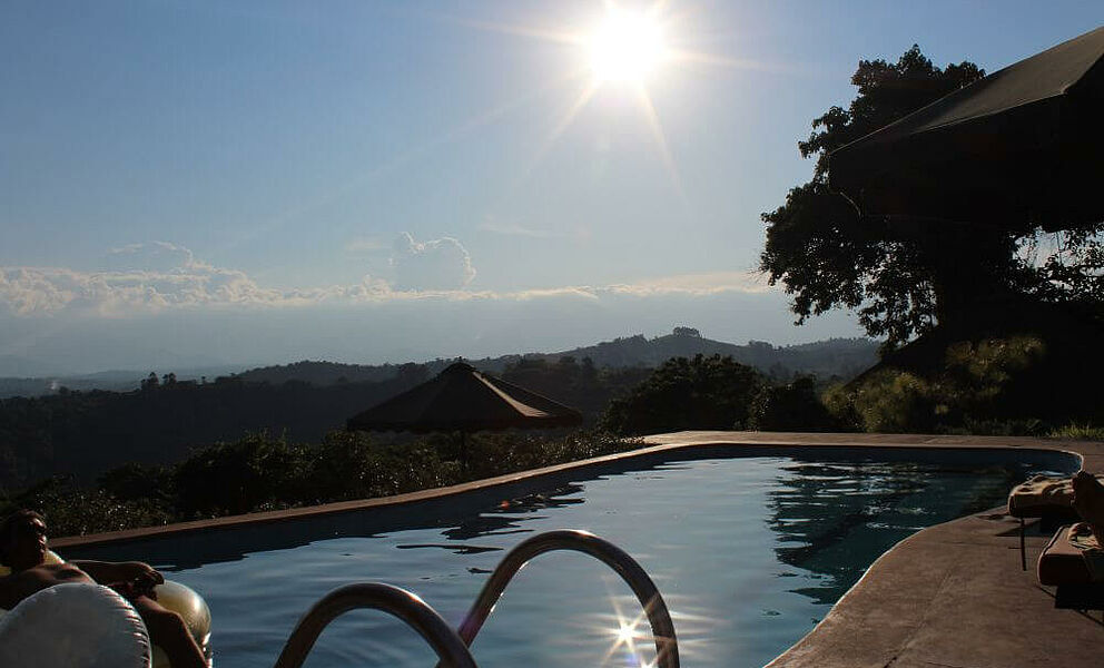 Swimming Pool mit Blick auf das Ruwenzori Gebirge