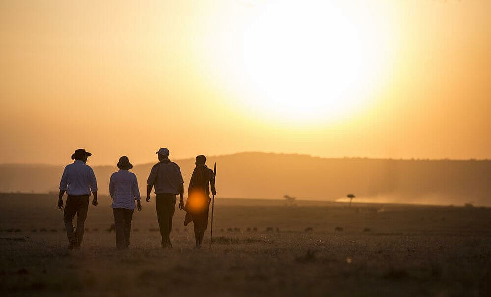Geführte Buschwanderung in der Masai Mara noch kurz vor Sonnenuntergang