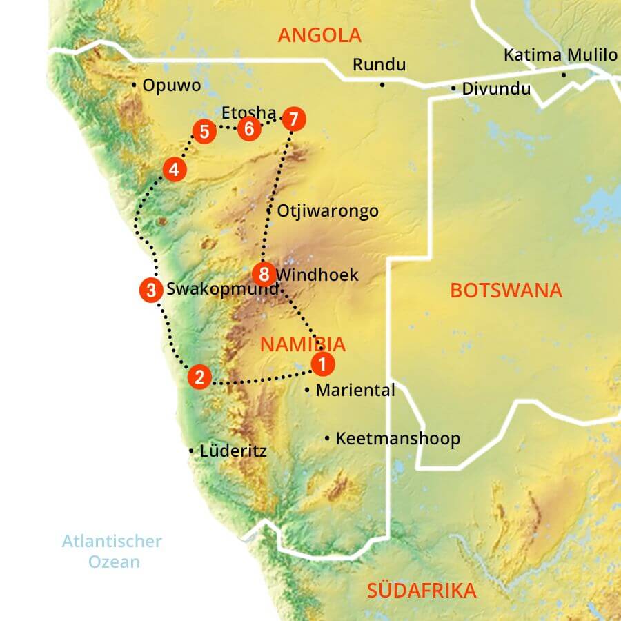 Routenverlauf von Namibia Classic Tour - Namibia zum Verlieben
