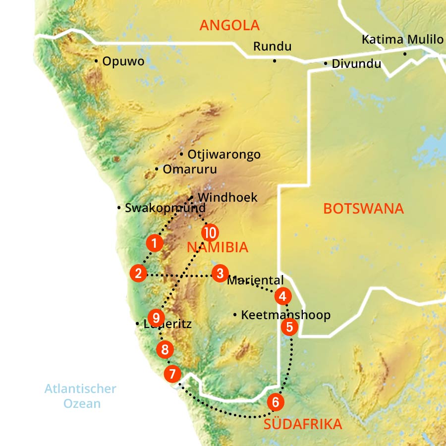 Routenverlauf für Einsteiger 4x4 Geländewagen Tour durch Namibia