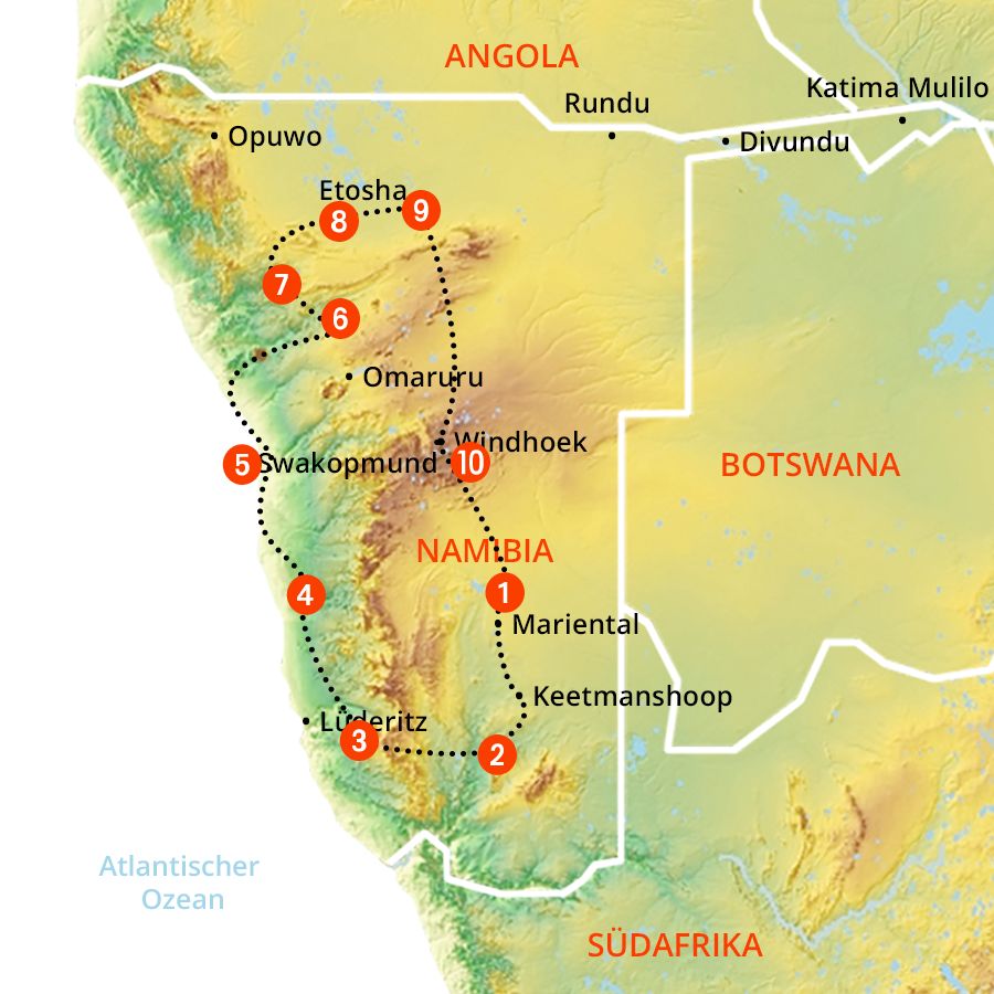 Routenverlauf von Große Namibiarundreise