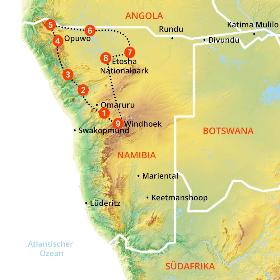 Routenverlauf von Namibias Norden