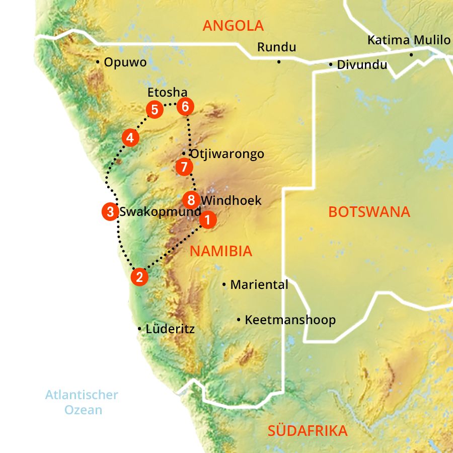 Routenverlauf Namibia Classic Tour - Premier Deluxe