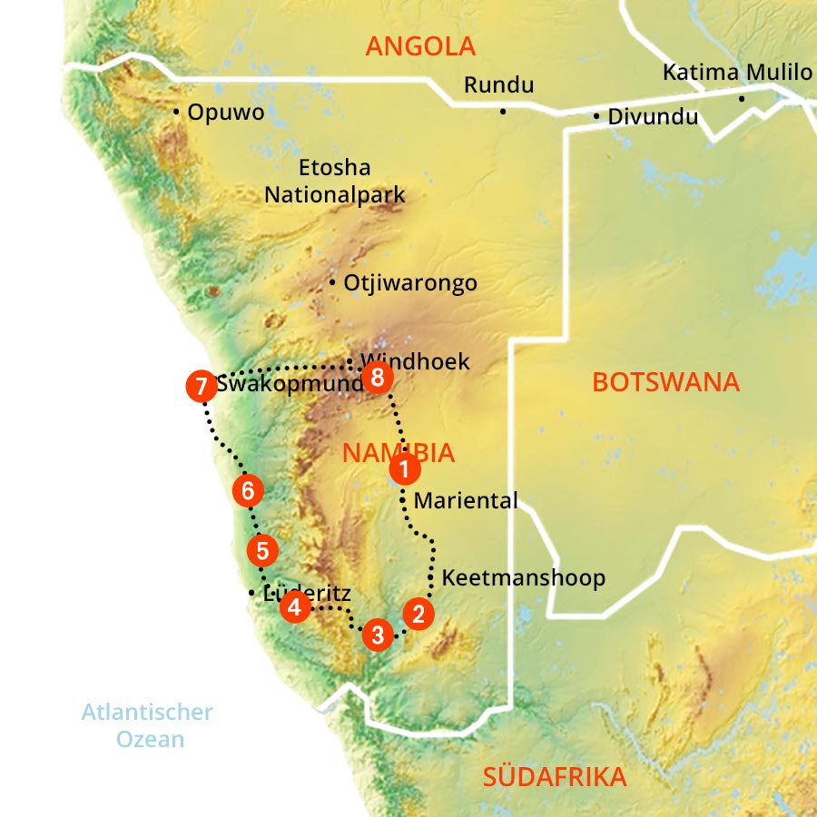 Routenverlauf von Namibias Süden