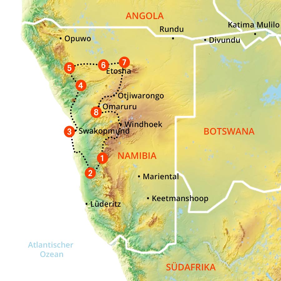 Routenverlauf für Namibia zu Fuß inklusive Big 5 Reise