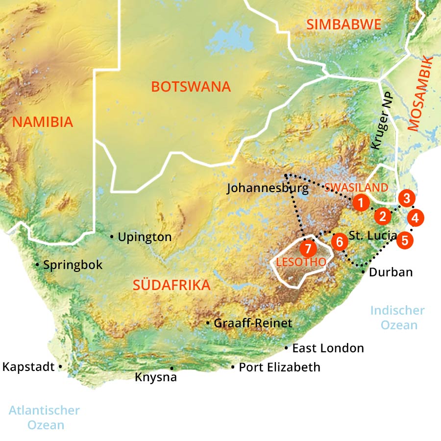 Landkarte Königreich Lesotho, Indischer Ozean und Big Five