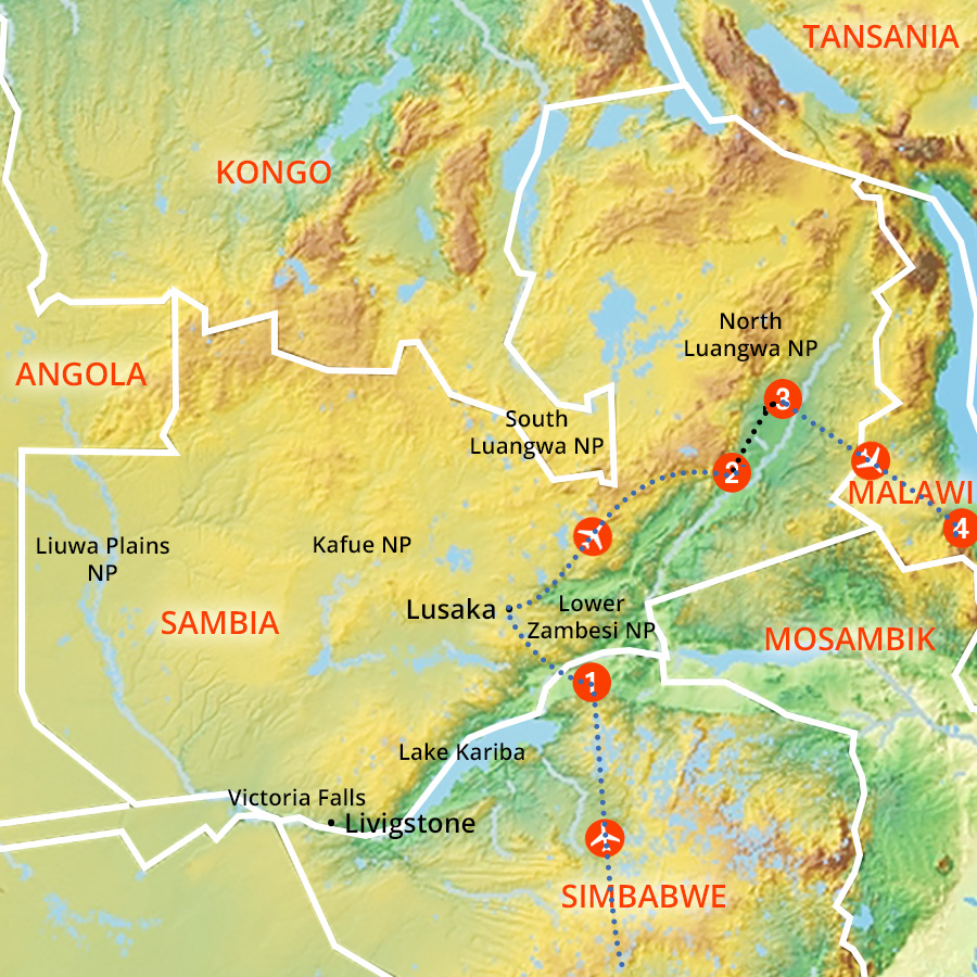 Routenverlauf von Sambia Reise 3 Länder, 4 Highlights