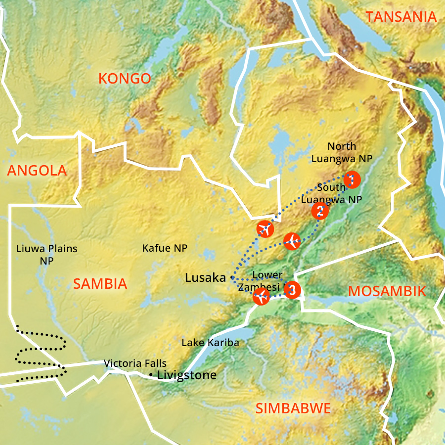 Routenverlauf von Sambia Reise Safari Kompakt