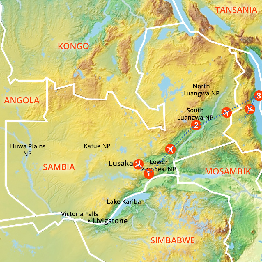 Landkarte Sambia und Malawi - Busch und Strand