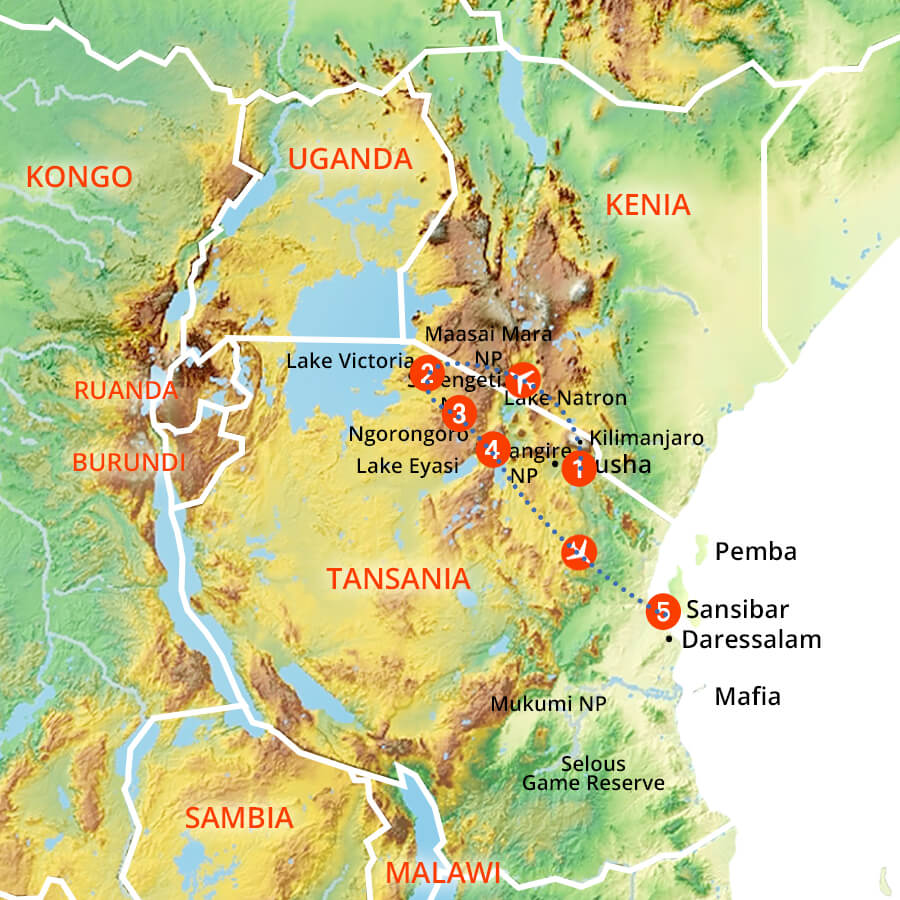 Landkarte Gruppenreise Highlights Tansania