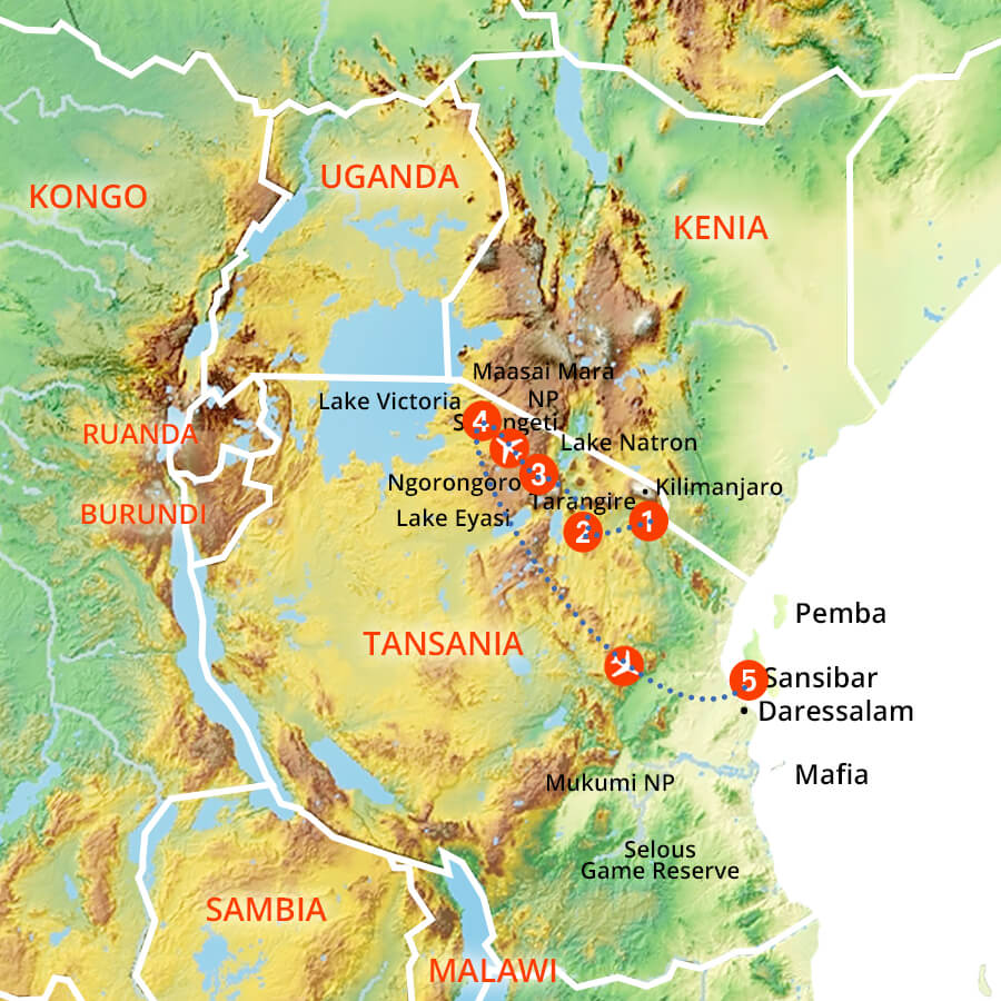 Tourenverlauf Tansania Highlights DELUXE